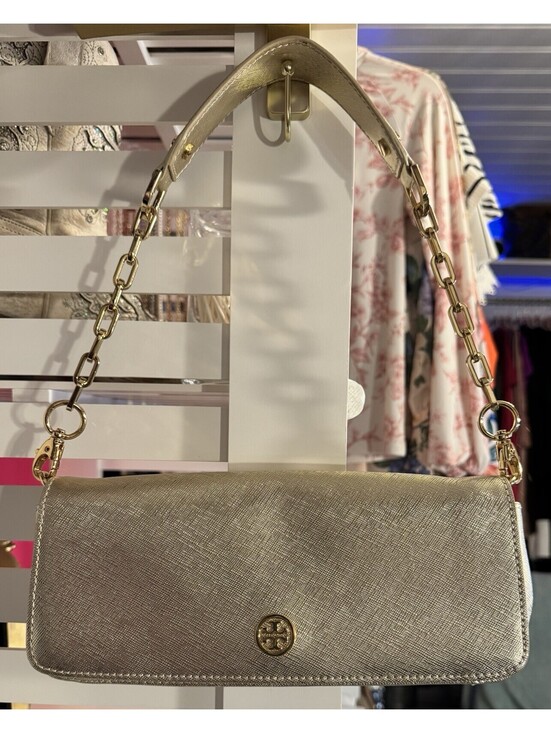 Tory Burch Handbags - Tory Burch Gold Clutch Chain Strap Detachable Logo Accent